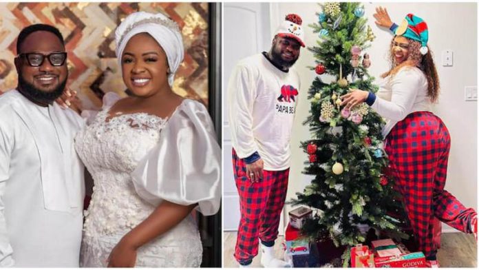 Tracey Boakye and hubby Frank Bady Ntiamoah in matching Christmas pyjamas. Photo Source: @tracey_boakye @zionfelixdotcom