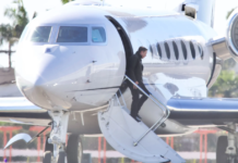 Musk is seen deplaning from his private jet in Los Angeles this past February. Diggzy/Jesal/Shutterstock