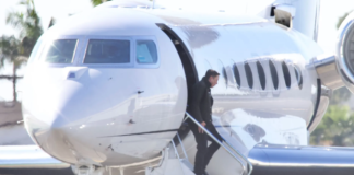 Musk is seen deplaning from his private jet in Los Angeles this past February. Diggzy/Jesal/Shutterstock