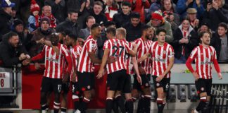 Yoane Wissa of Brentford celebrates with teammates after scoring the team's second goal during the Premier League match between Brentford FC and Liverpool FC at Brentford Community Stadium on January 02, 2023 in Brentford, England Image credit: Getty Images