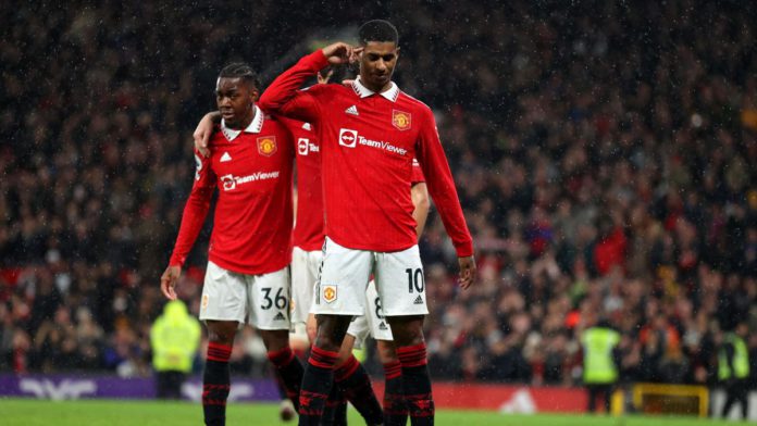 Marcus Rashford of Manchester United celebrates after scoring the team's third goal during the Premier League match between Manchester United and AFC Bournemouth at Old Trafford on January 03, 2023. Image credit: Getty Images