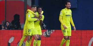 Yeremi Pino of Villareal FC celebrates scoring his side's first goal with his team matesduring the LaLiga Santander match between Villarreal CF and Real Madrid CF at Estadio de la Ceramica on January 07, 2023 in Villarreal, Spain. Image credit: Getty Images