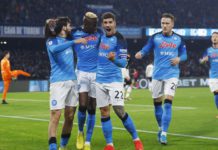 Victor Osimhen of SSC Napoli celebrates after scoring his team's first goal with team mates during the Serie A match between SSC Napoli_Juventus at Stadio Diego Armando Maradona on January 13, 2023 in Naples, Italy. (Photo by Matteo Ciambelli/DeFodi Image Image credit: Getty Images