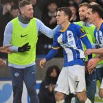 Brighton's English midfielder Solly March (C) celebrates with teammates after scoring their second goal during the English Premier League football match between Brighton and Hove Albion and Liverpool at the American Express Community Stadium in Brighton Image credit: Getty Images