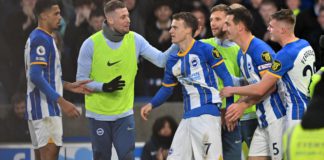 Brighton's English midfielder Solly March (C) celebrates with teammates after scoring their second goal during the English Premier League football match between Brighton and Hove Albion and Liverpool at the American Express Community Stadium in Brighton Image credit: Getty Images