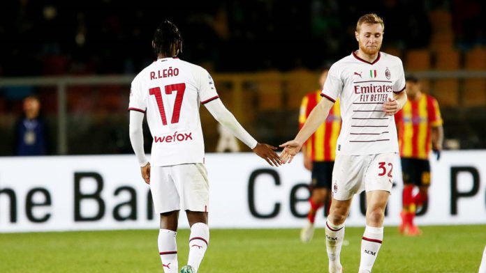 Rafael Leão of AC Milan reacts after scoring a goal during the Serie A match between US Lecce and AC MIlan at Stadio Via del Mare on January 14, 2023 in Lecce, Italy. (Photo by Donato Fasano/Getty Images) Image credit: Getty Images