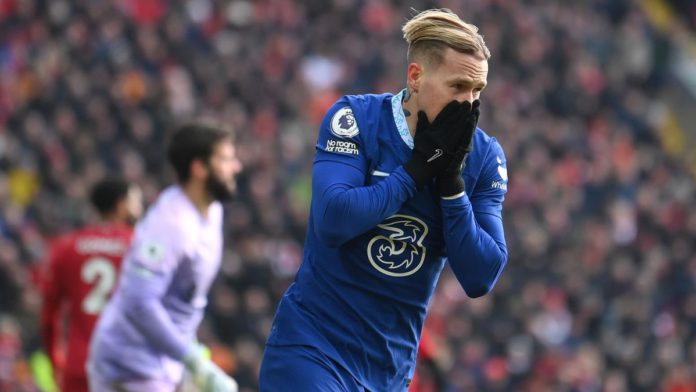 Mykhailo Mudryk of Chelsea reacts after a missed chance during the Premier League match between Liverpool FC and Chelsea FC at Anfield on January 21, 2023 in Liverpool, England. Image credit: Getty Images