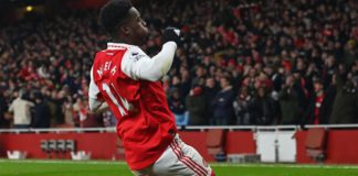 Arsenal's English striker Eddie Nketiah celebrates after scoring their third goal during the English Premier League football match between Arsenal and Manchester United at the Emirates Stadium Image credit: Getty Images