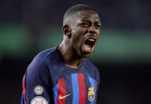 Ousmane Dembele of FC Barcelona celebrates after scoring their side's first goal during the Copa Del Rey Quarter Final match between FC Barcelona and Real Sociedad at Spotify Camp Nou on January 25, 2023 Image credit: Getty Images
