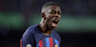 Ousmane Dembele of FC Barcelona celebrates after scoring their side's first goal during the Copa Del Rey Quarter Final match between FC Barcelona and Real Sociedad at Spotify Camp Nou on January 25, 2023 Image credit: Getty Images