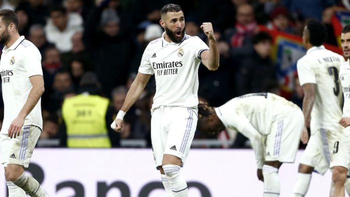 Karim Benzema celebrates during the Copa del Rey (King's Cup), quarter-final match between Real Madrid and Atletico de Madrid at the Santiago Bernabeu stadium in Madrid on January 26, 2023 Image credit: Getty Images