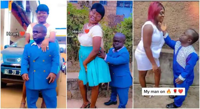 The lady said she and her man are happy souls. Photo credit: TikTok/@www.kahboh. Read more: https://yen.com.gh/people/227125-happy-curvy-lady-poses-diminutive-husband-viral-video-trends-tiktok/