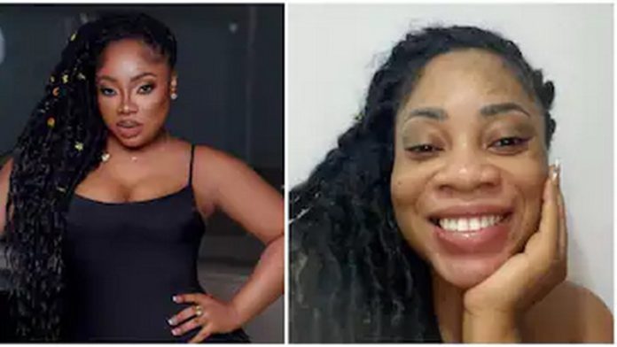 A side-by-side photo collage of Moesha Boduong with makeup and without it. Photo Source: @moeshaboduong