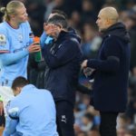 Erling Haaland (left) was taken off at half-time against Aston Villa and is a doubt for Wednesday's key game against Arsenal
