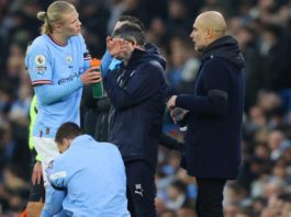 Erling Haaland (left) was taken off at half-time against Aston Villa and is a doubt for Wednesday's key game against Arsenal