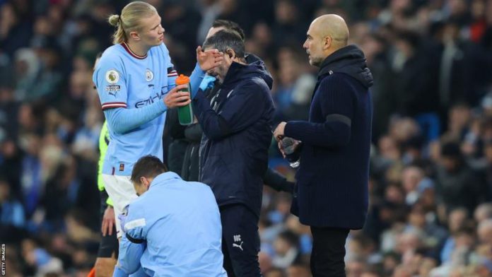 Erling Haaland (left) was taken off at half-time against Aston Villa and is a doubt for Wednesday's key game against Arsenal