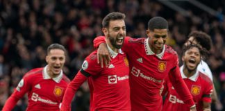 Bruno Fernandes of Manchester United celebrates scoring a goal to make the score 1-0 with his team-mates during the Premier League match between Manchester United and Crystal Palace at Old Trafford on February 4, 2023 Image credit: Getty Images