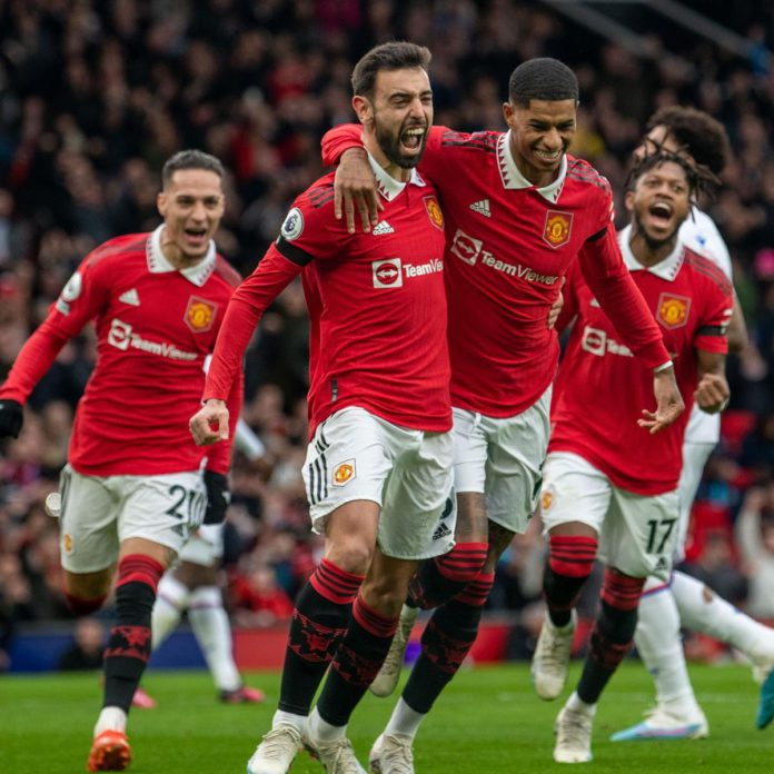 Bruno Fernandes of Manchester United celebrates scoring a goal to make the score 1-0 with his team-mates during the Premier League match between Manchester United and Crystal Palace at Old Trafford on February 4, 2023 Image credit: Getty Images