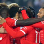 Kingsley Coman of Bayern Munich celebrates scoring their 1st goal eith team mates during the UEFA Champions League round of 16 leg one match between Paris Saint-Germain and FC Bayern Munchen at Parc des Princes on February 14, 2023 in Paris, France. Image credit: Getty Images