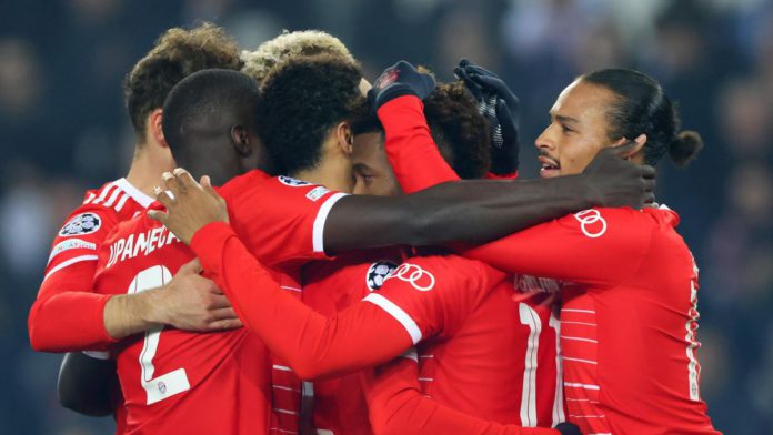 Kingsley Coman of Bayern Munich celebrates scoring their 1st goal eith team mates during the UEFA Champions League round of 16 leg one match between Paris Saint-Germain and FC Bayern Munchen at Parc des Princes on February 14, 2023 in Paris, France. Image credit: Getty Images