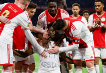Kudus celebrates with Ajax teammates