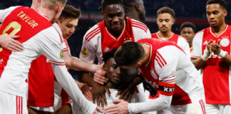 Kudus celebrates with Ajax teammates