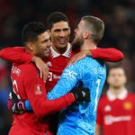 Manchester United players celebrate progression to the quarter-finals of the FA Cup (Image: Marc Atkins/Getty Images)