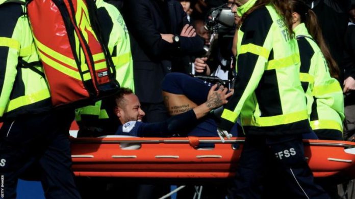 Neymar went over badly on his right ankle five minutes into the second half and was carried off on a stretcher in obvious pain