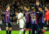 Barcelona's Ivorian midfielder Franck Kessie (C) celebrates with teammates after scoring his team's first goal during the Copa del Rey (King's Cup) semi final first leg football match between Real Madrid CF and FC Barcelona at the Santiago Bernabeu stadiu Image credit: Getty Images