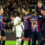 Barcelona's Ivorian midfielder Franck Kessie (C) celebrates with teammates after scoring his team's first goal during the Copa del Rey (King's Cup) semi final first leg football match between Real Madrid CF and FC Barcelona at the Santiago Bernabeu stadiu Image credit: Getty Images