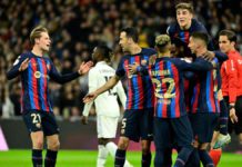 Barcelona's Ivorian midfielder Franck Kessie (C) celebrates with teammates after scoring his team's first goal during the Copa del Rey (King's Cup) semi final first leg football match between Real Madrid CF and FC Barcelona at the Santiago Bernabeu stadiu Image credit: Getty Images