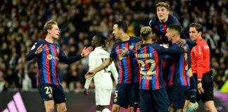 Barcelona's Ivorian midfielder Franck Kessie (C) celebrates with teammates after scoring his team's first goal during the Copa del Rey (King's Cup) semi final first leg football match between Real Madrid CF and FC Barcelona at the Santiago Bernabeu stadiu Image credit: Getty Images