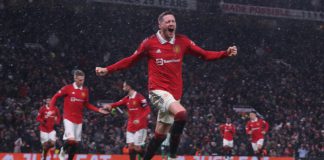 Wout Weghorst of Manchester United celebrates scoring their fourth goal during the UEFA Europa League round of 16 leg one match between Manchester United and Real Betis at Old Trafford on March 09, 2023 in Manchester, England. Image credit: Getty Images