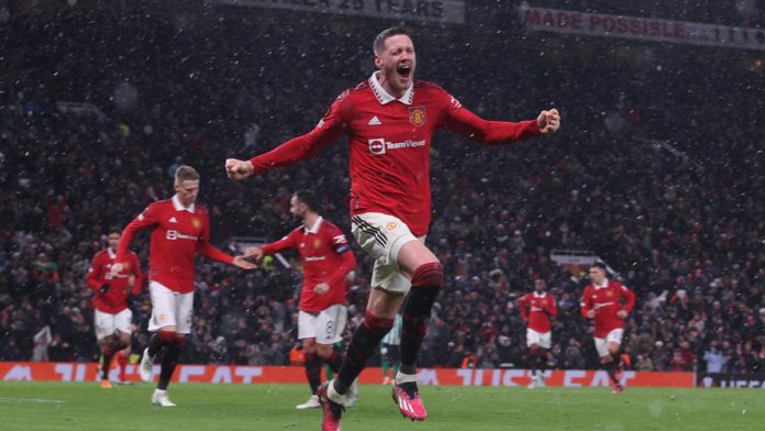 Wout Weghorst of Manchester United celebrates scoring their fourth goal during the UEFA Europa League round of 16 leg one match between Manchester United and Real Betis at Old Trafford on March 09, 2023 in Manchester, England. Image credit: Getty Images