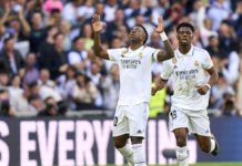 Vinicius Junior of Real Madrid CF celebrates after scoring his team's first goal during the LaLiga Santander match between Real Madrid CF and RCD Espanyol at Estadio Santiago Bernabeu on March 11, 2023 in Madrid, Spain. Image credit: Getty Images