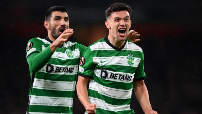 Pedro Goncalves celebrates during the UEFA Europa League round of 16 leg two match between Arsenal and Sporting CP at Emirates Stadium on March 16, 2023 in London, United Kingdom Image credit: Getty Images