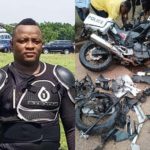 Sad as Police dispatch rider dies in accident on Accra-Kumasi road The late Rauf Addrisu (left), Scene of the accidet (right)