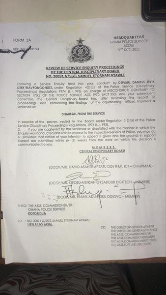 The dismissal letter from the police service