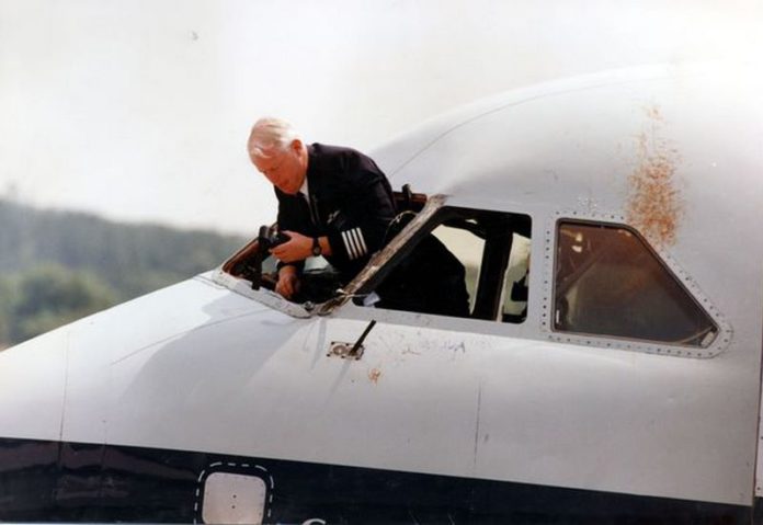 The front of the plane was damaged and covered in blood after Tim's face repeatedly hit the structure ( Image: Murray Sanders/Daily Mail/REX/Shutterstock)