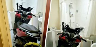 Police discovered a stolen motorbike parked in the bathroom of a residential property (Image: Dudley Police / SWNS)