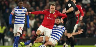 Christian Eriksen was forced off in the 57th minute against Reading in January after this challenge by Andy Carroll