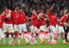 Manchester United players celebrates after the team's victory in the penalty shoot out during the Emirates FA Cup Semi Final match between Brighton & Hove Albion and Manchester United at Wembley Stadium Image credit: Getty Images
