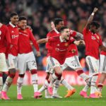 Manchester United players celebrates after the team's victory in the penalty shoot out during the Emirates FA Cup Semi Final match between Brighton & Hove Albion and Manchester United at Wembley Stadium Image credit: Getty Images