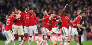 Manchester United players celebrates after the team's victory in the penalty shoot out during the Emirates FA Cup Semi Final match between Brighton & Hove Albion and Manchester United at Wembley Stadium Image credit: Getty Images