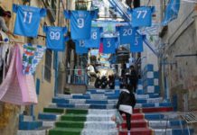 A shield, symbolising the Scudetto, has been painted on steps in Naples' Quartieri Spagnoli