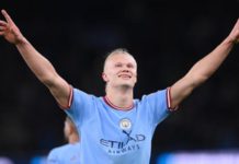 Erling Haaland scored a Premier League record 35th goal of the season as Manchester City returned to the top of the table