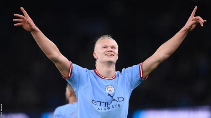 Erling Haaland scored a Premier League record 35th goal of the season as Manchester City returned to the top of the table