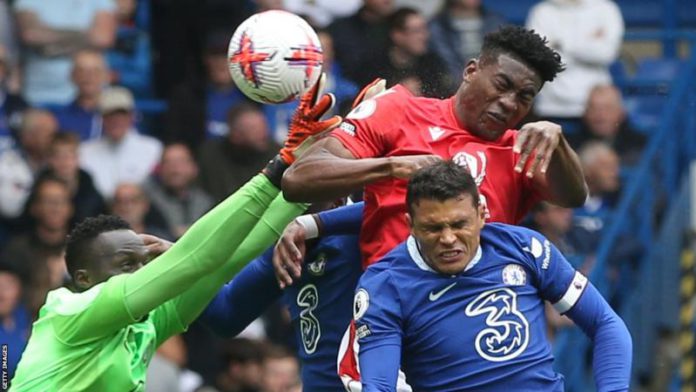 Taiwo Awoniyi beat the recalled Edouard Mendy to Renan Lodi’s cross for his first-half goal