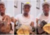 Kofi Kinaata complains about rubber used in preparing Fante kenkey. Image Credit: @kofikinaatagh