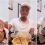 Kofi Kinaata complains about rubber used in preparing Fante kenkey. Image Credit: @kofikinaatagh